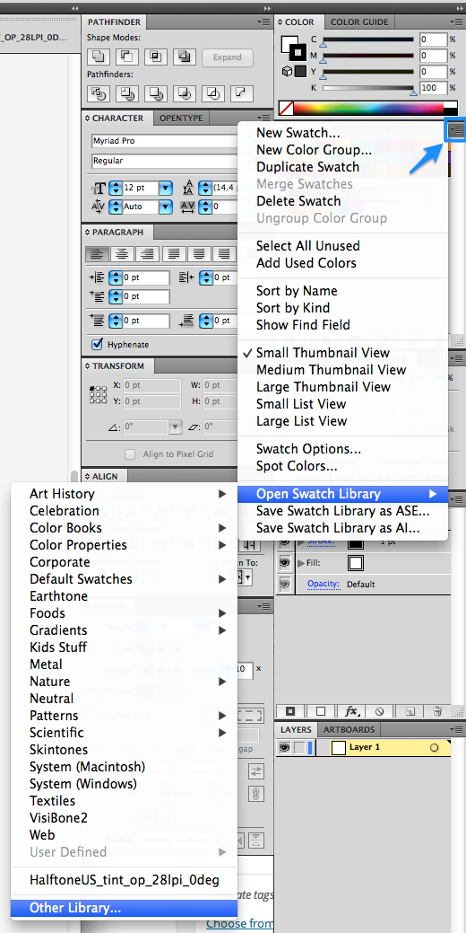 Swatches panel menu > Open Swatch Library > Other Library > [select library]